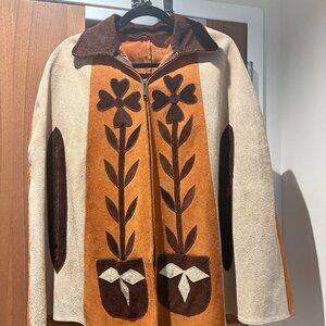 1960s Brown Floral Suede Leather Poncho, size Medium